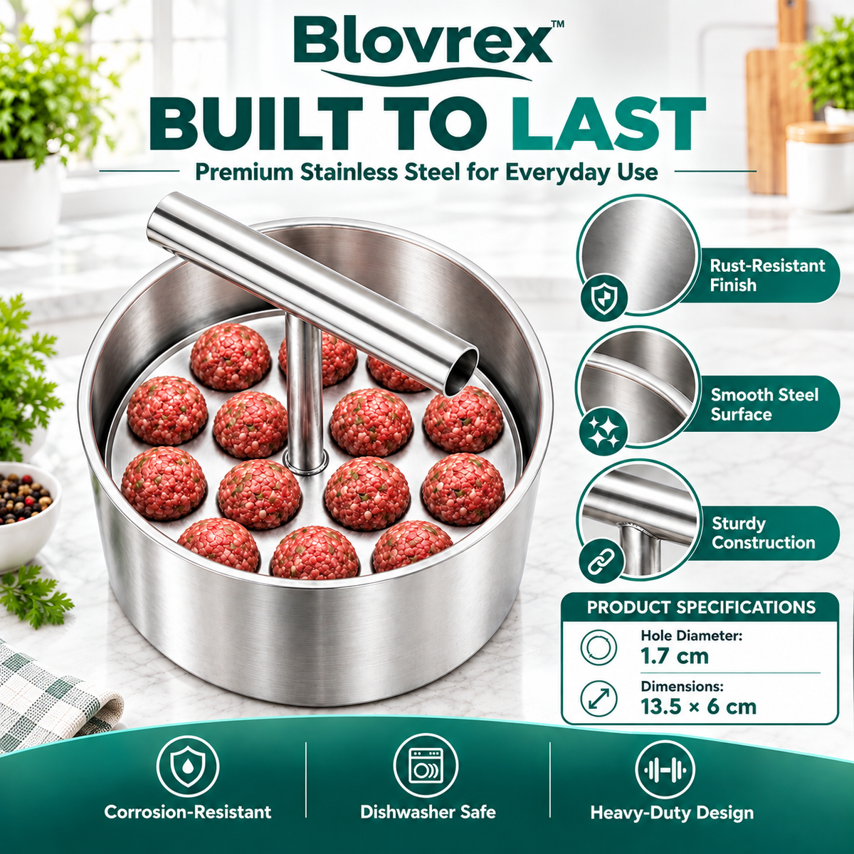 Blovrex™ 12-Hole Stainless Steel Meatball Maker